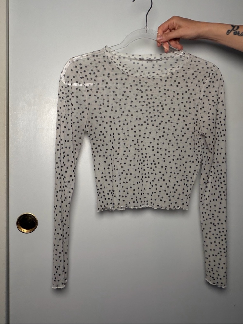 gaze White Sheer Polka Dot Long Sleeve Crop Top